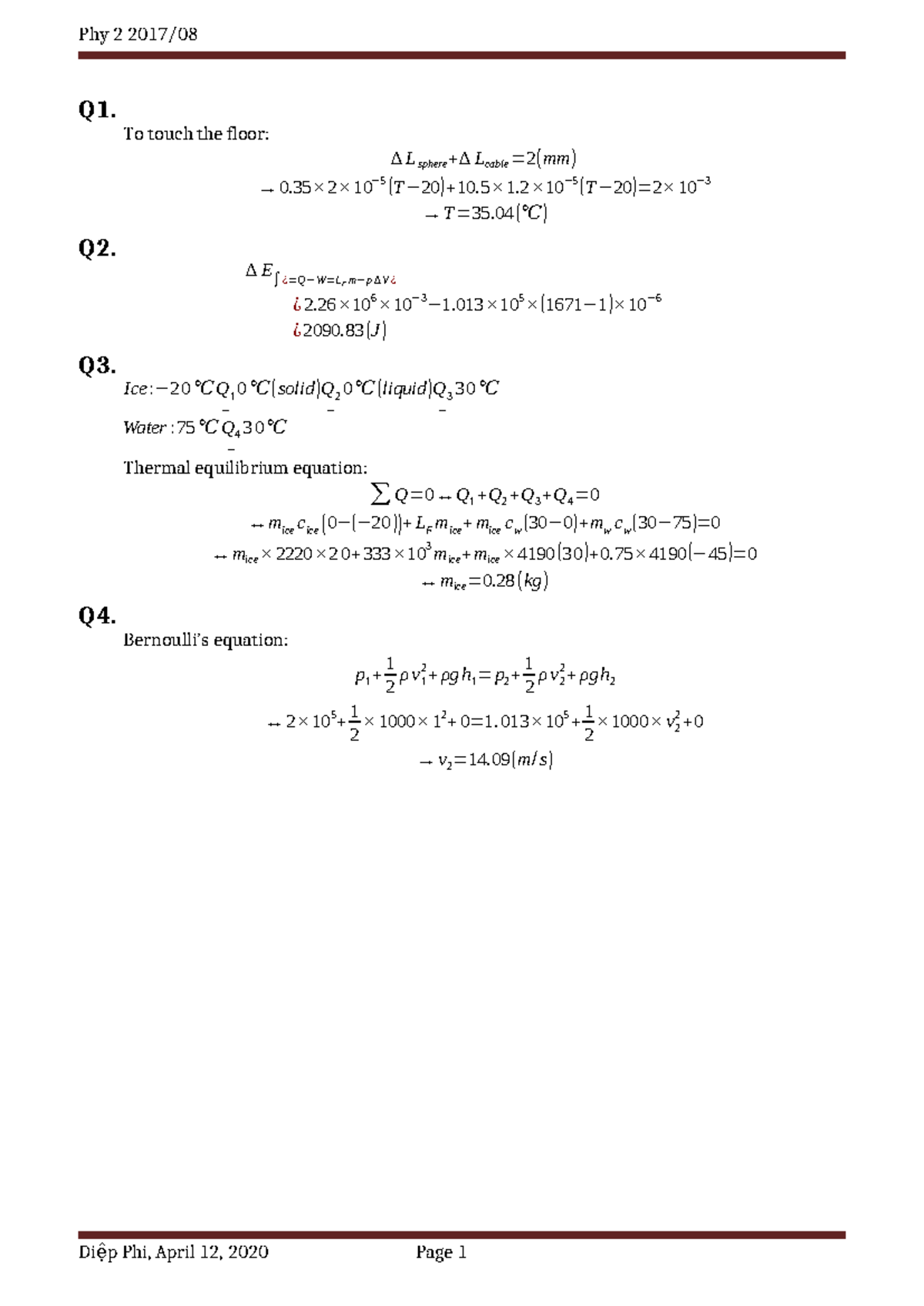 Phy 2 2017 08 - notes - Phy 2 2017/ Q1. To touch the floor: ∆ L sphere ...
