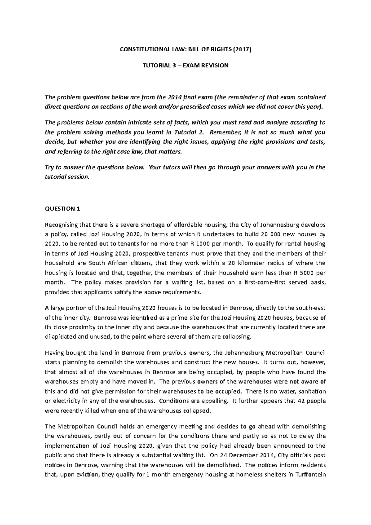 2019 Tutorial Practical Work - CONSTITUTIONAL LAW: BILL OF RIGHTS (2017 ...