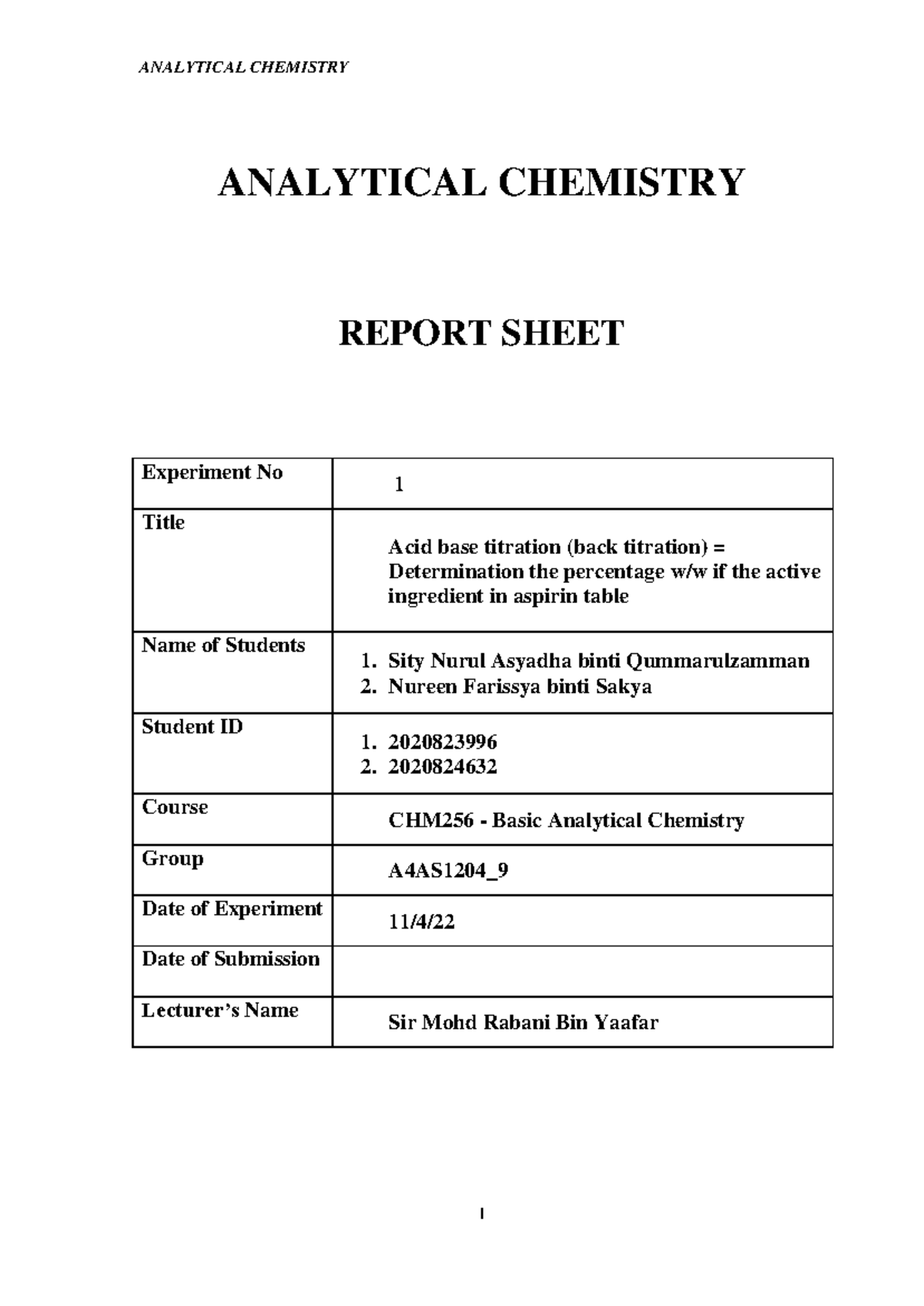 CHM256 EXP 1 LAB Report - ANALYTICAL CHEMISTRY REPORT SHEET Experiment ...