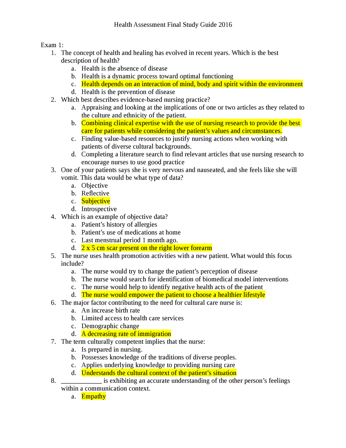 Health Assessment Final Answers Guide 3 - Exam 1: 1. The Concept Of ...