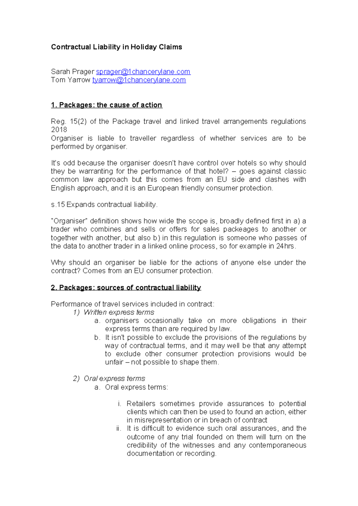 Contractual Liability in Holiday Claims - 15(2) of the Package travel ...