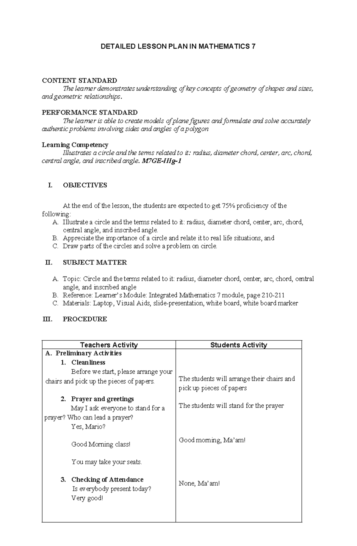 MATH 7 DLP - The lesson is about circle and its properties - DETAILED ...