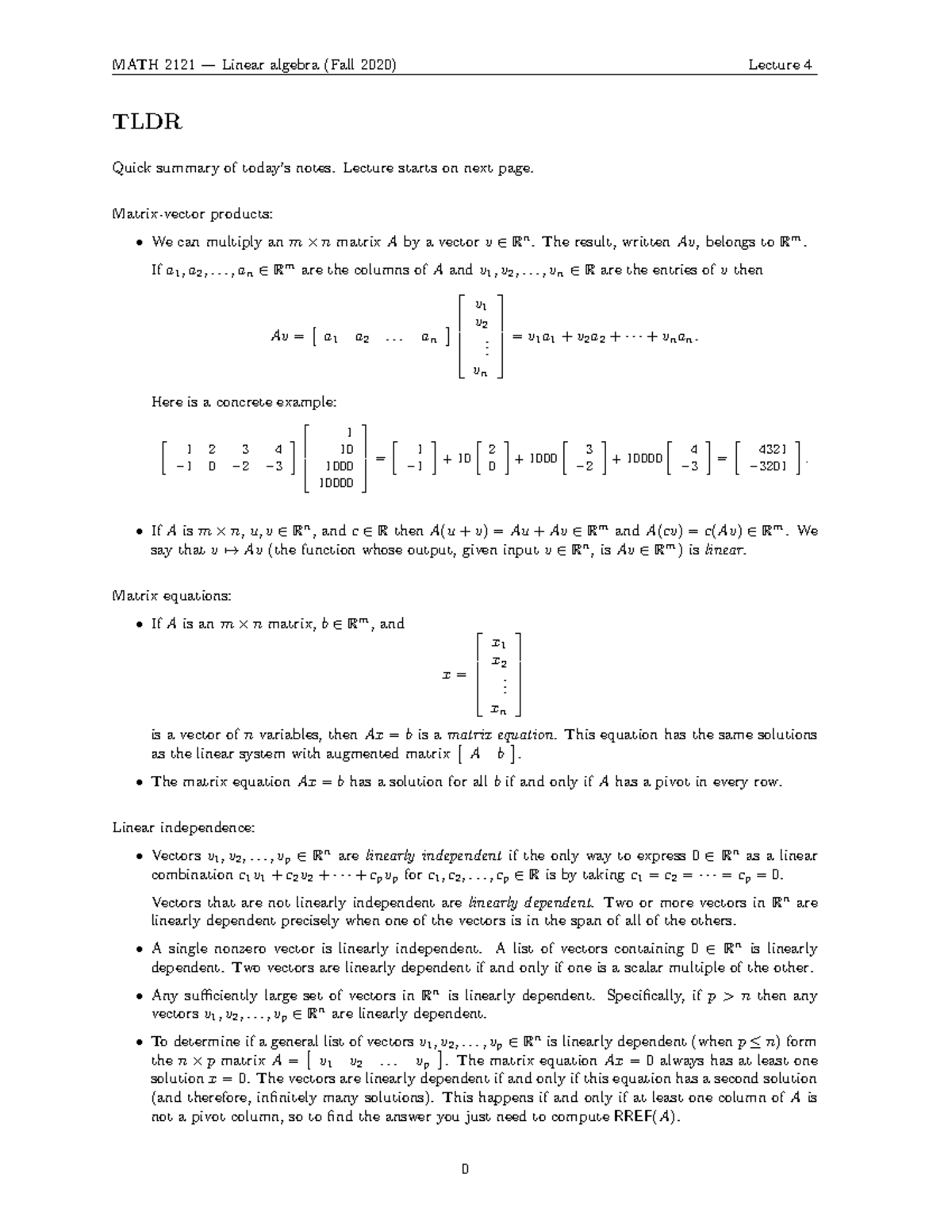 04 Math2121 Fall2020 - Lecture Notes 4 - Linear Algebra - Studocu