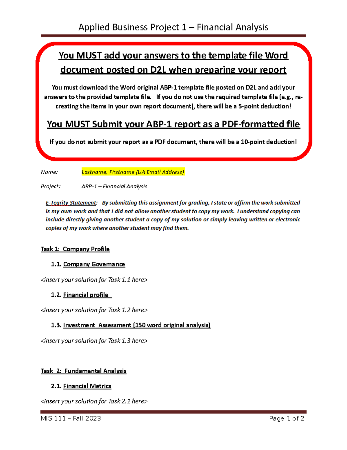 MIS 111 Required Template for ABP 1 - Applied Business Project 1 ...