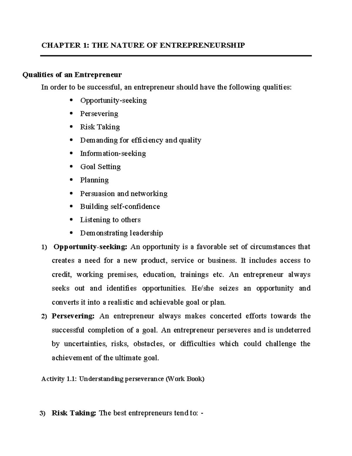 Entreprneurship notes for students - CHAPTER 1: THE NATURE OF ...