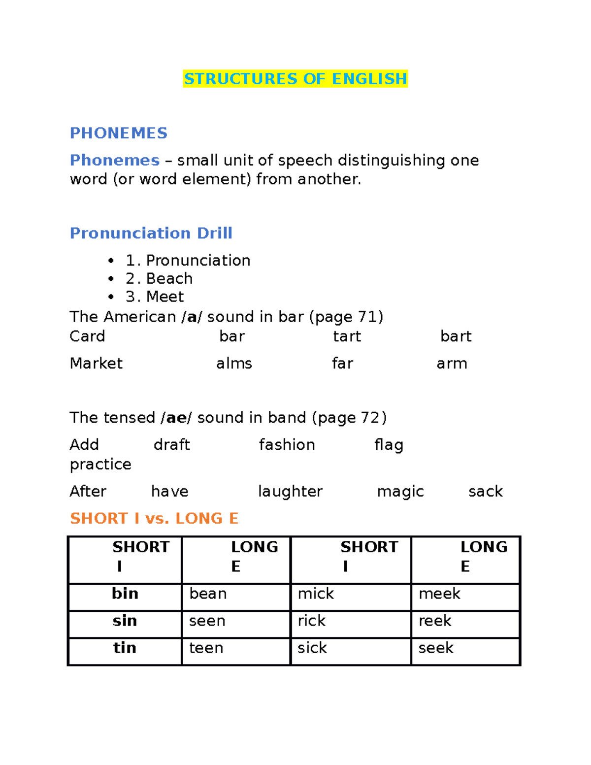 Structure od english - STRUCTURES OF ENGLISH PHONEMES Phonemes – small ...