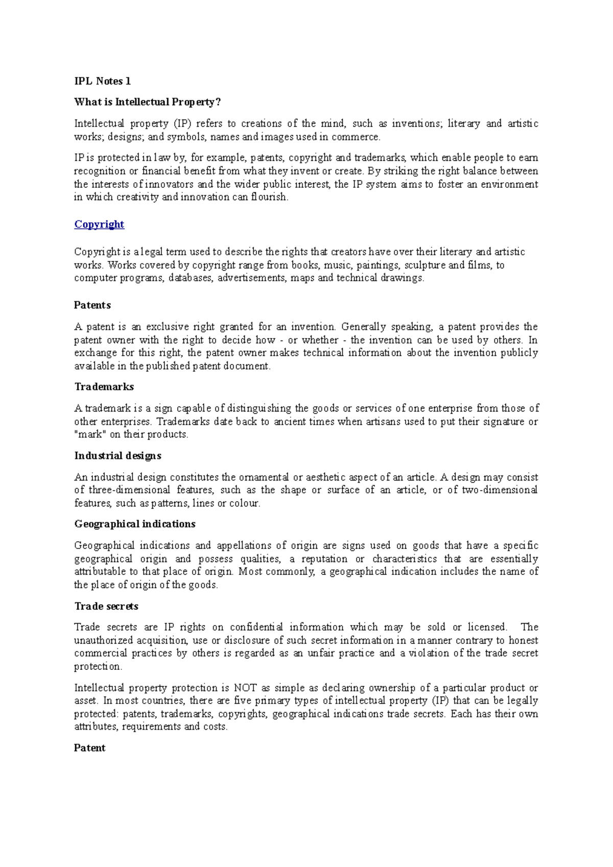 IPL Notes 1 - IPL Notes 1 What is Intellectual Property? Intellectual ...