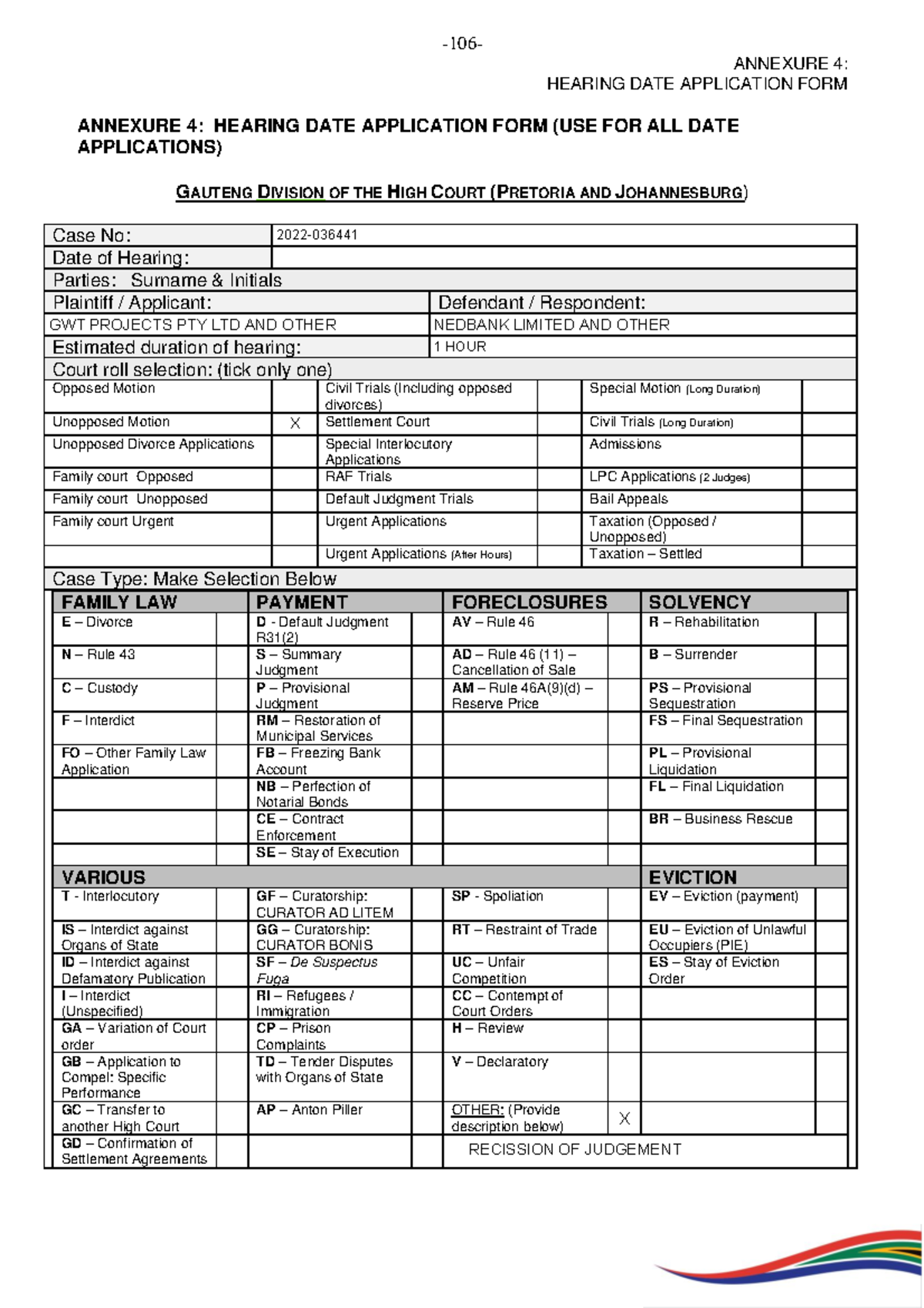 DATE Application FORM 2024 HIGH Court JHB - 106 - ANNEXURE 4 : HEARING ...