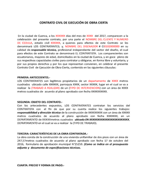 Modelo Contrato Ejecucion OBRA Cierta - CONTRATO CIVIL DE EJECUCIÓN DE OBRA  CIERTA En la ciudad de - Studocu