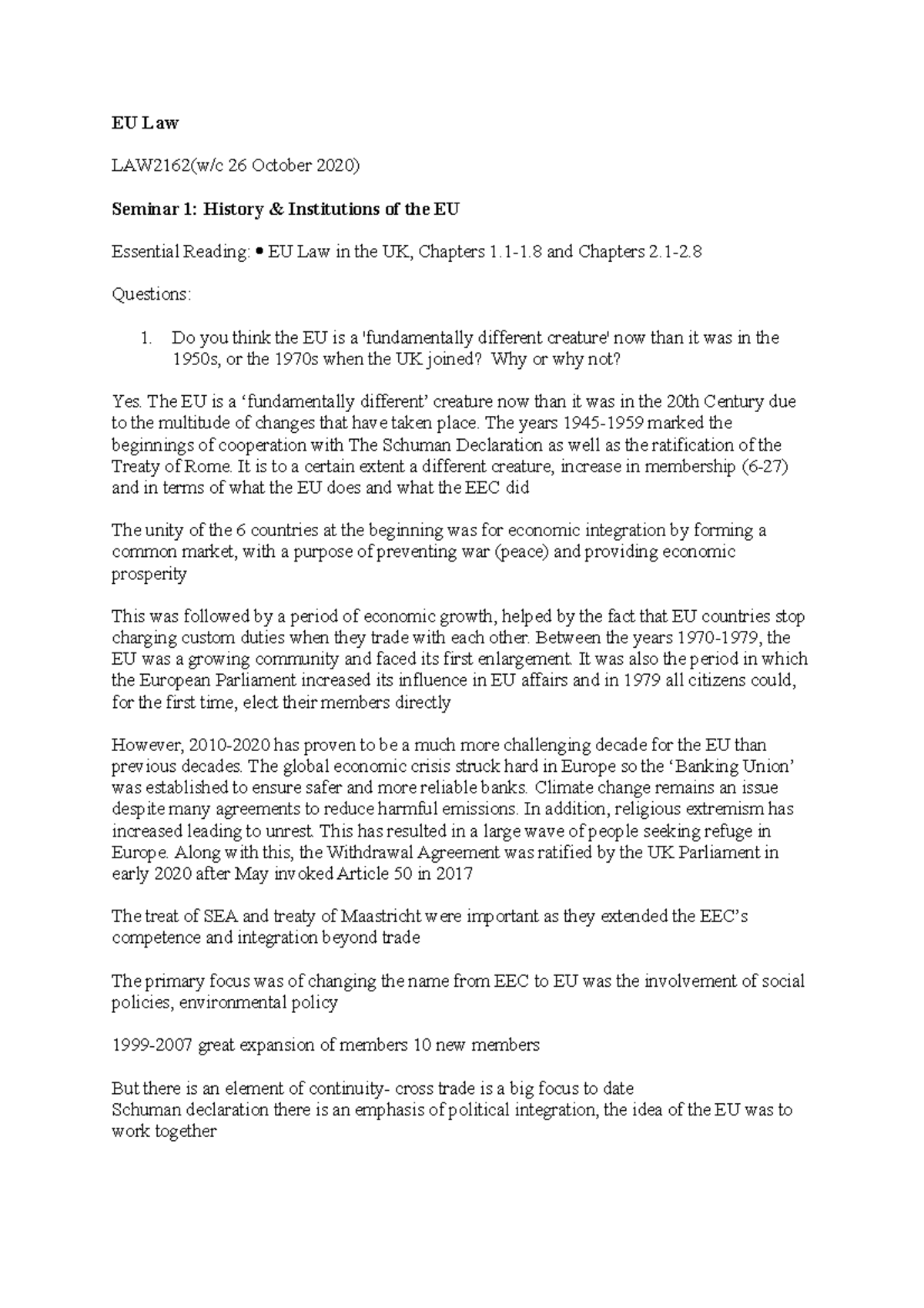 EU seminar 1 - EU Law LAW2162(w/c 26 October 2020) Seminar 1: History ...