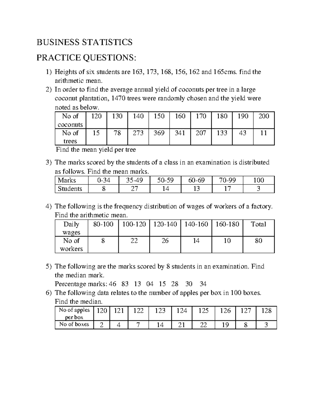 Business Statistics practice questions - BUSINESS STATISTICS PRACTICE ...