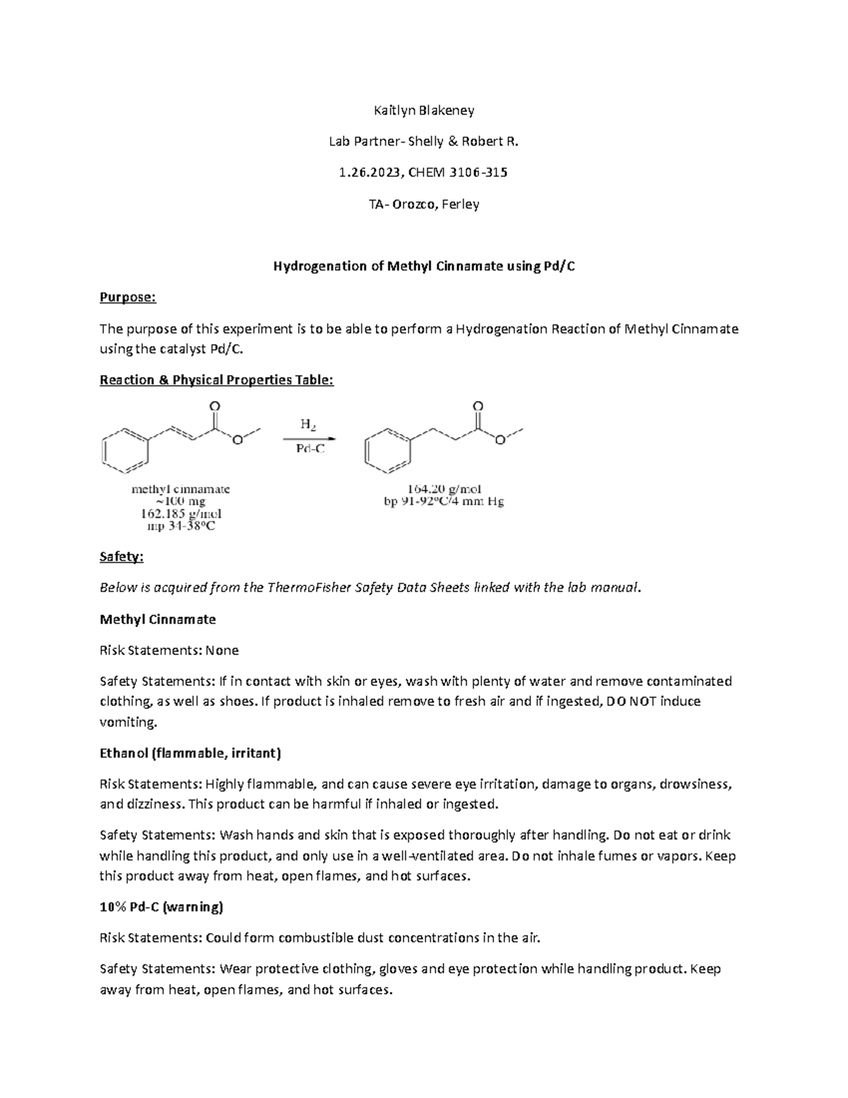 Ochem II Lab Report Experiment 1 - CHEM 3106 - TTU - Studocu