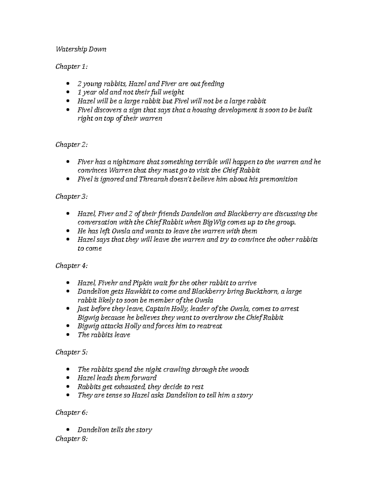 Summary WaterShip Down Watership Down Chapter 1 2 young rabbits