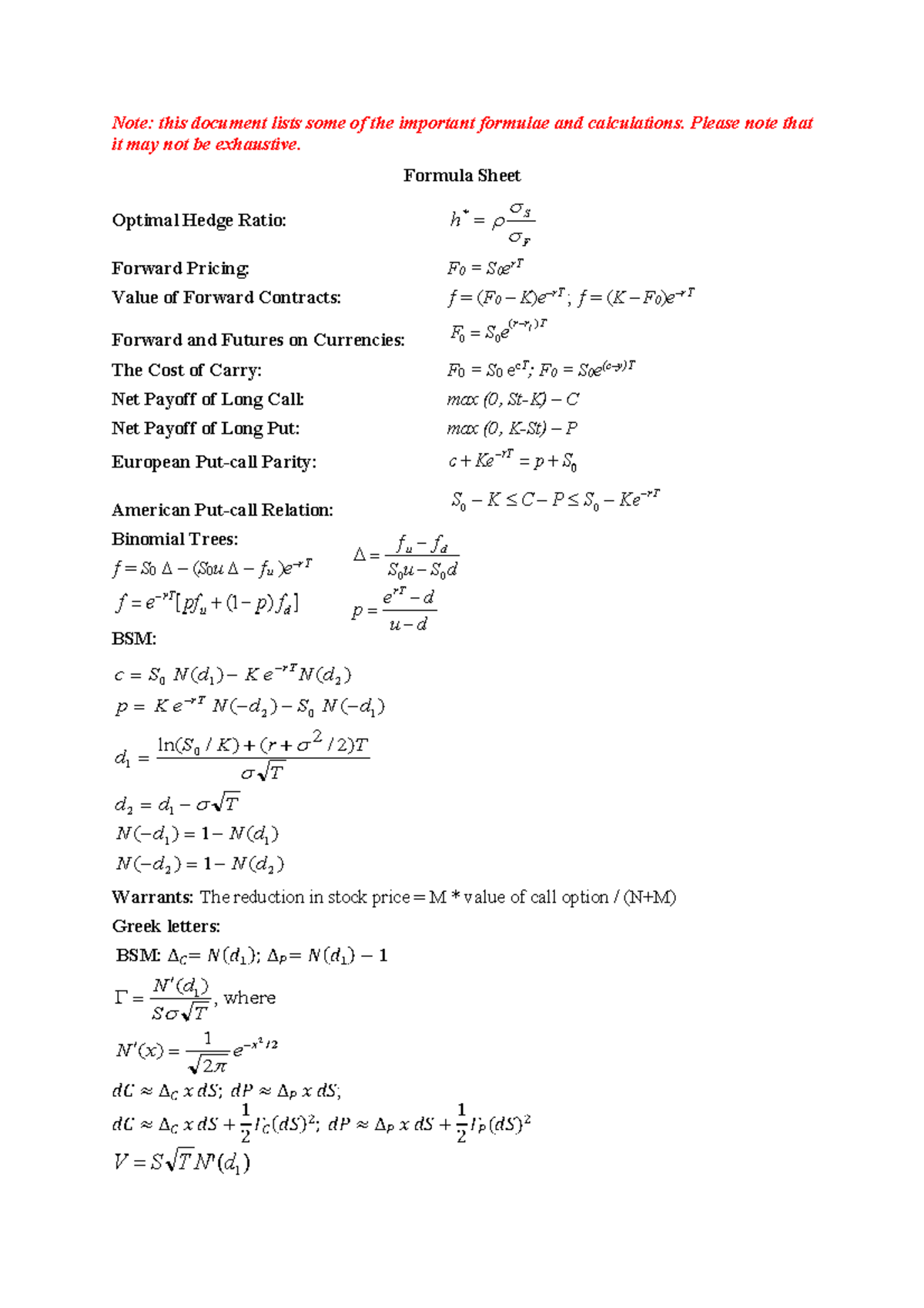 Formula sheet - Note: this document lists some of the important ...