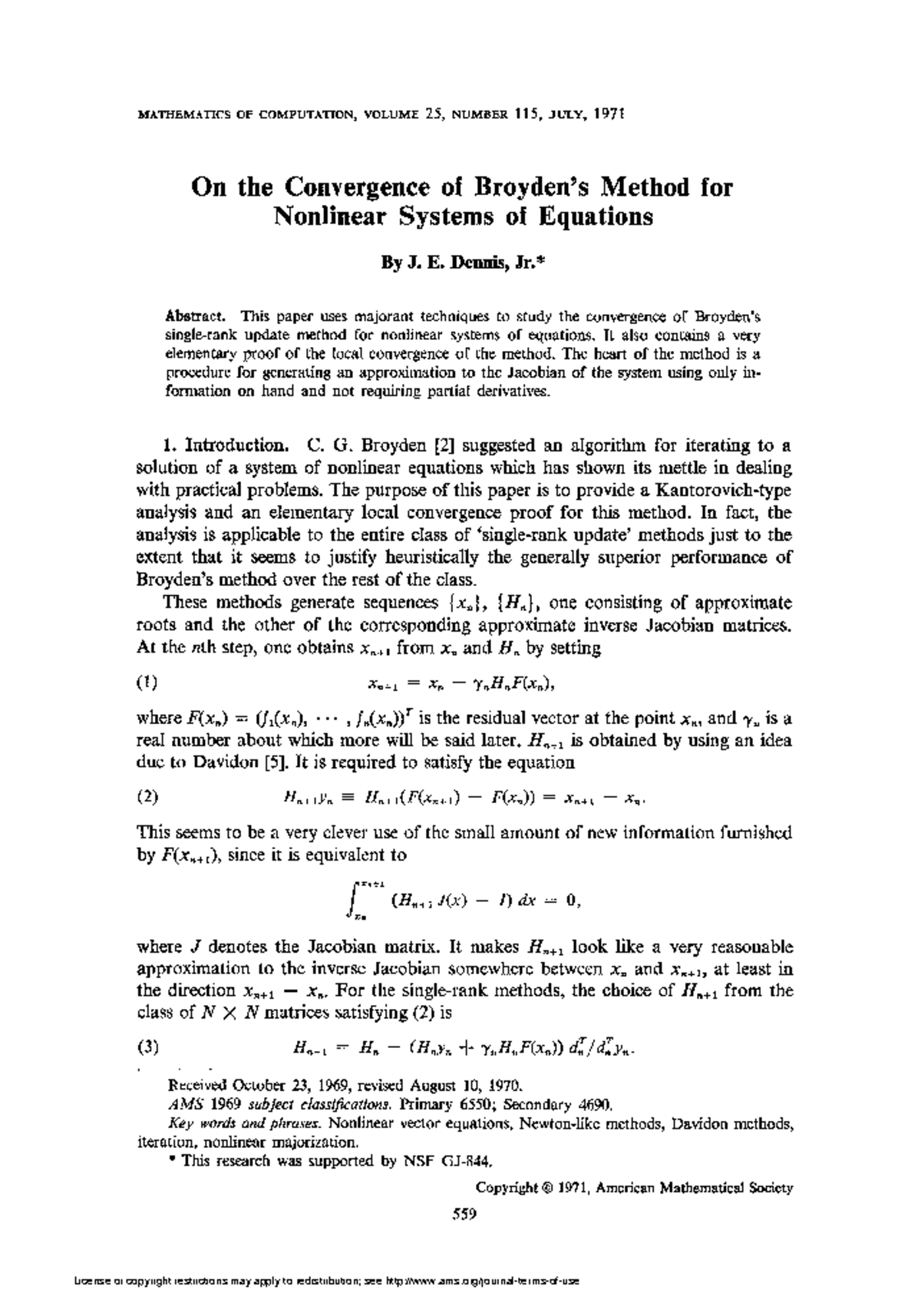 Broyden - Lecture notes READING - MATHEMATICS OF COMPUTATION, VOLUME 25 ...