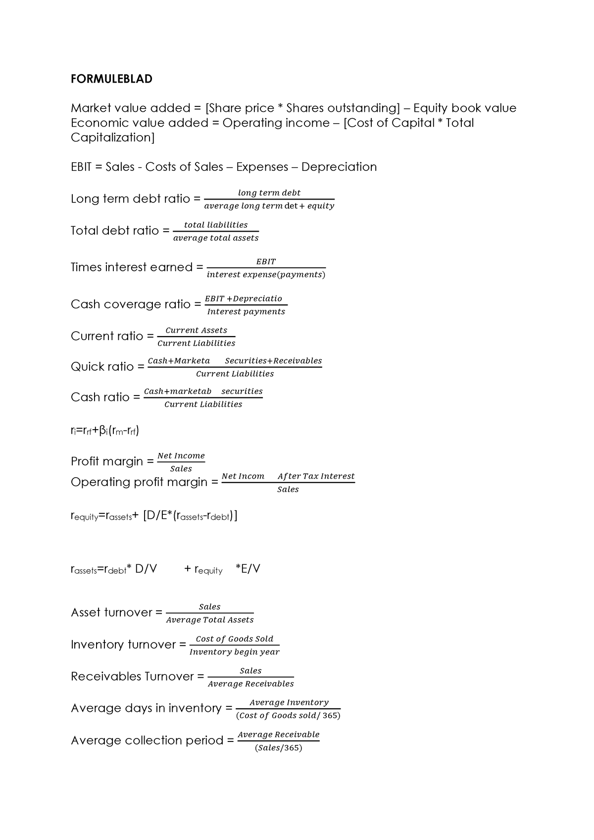 Formuleblad Financiering M6 - FORMULEBLAD Market Value Added = [Share ...