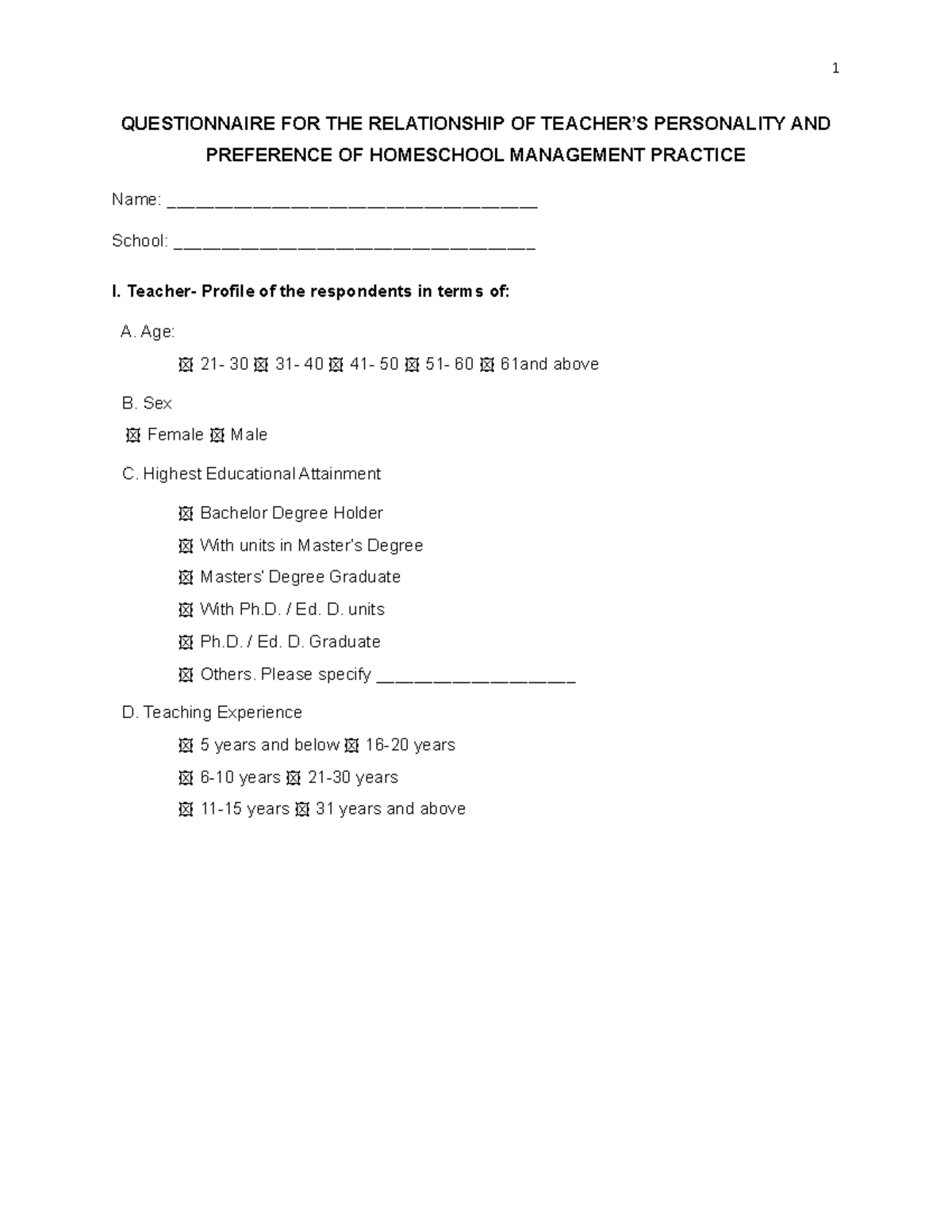 MORA5- Questionnaire - QUESTIONNAIRE FOR THE RELATIONSHIP OF TEACHER’S ...