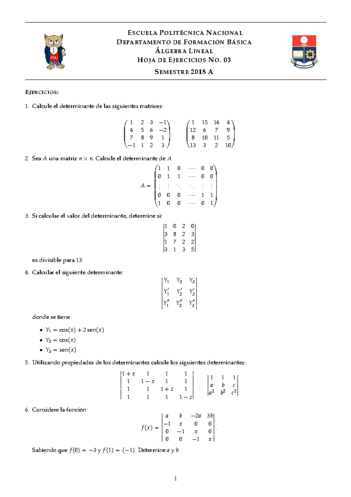 Ejercicios Matrices Y Determinantes - E SCUELA P N ACIONAL D ...