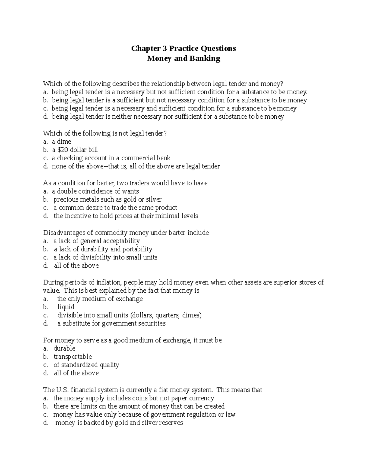 Chapter 3 Practice Questions Chapter 3 Practice Questions Money and