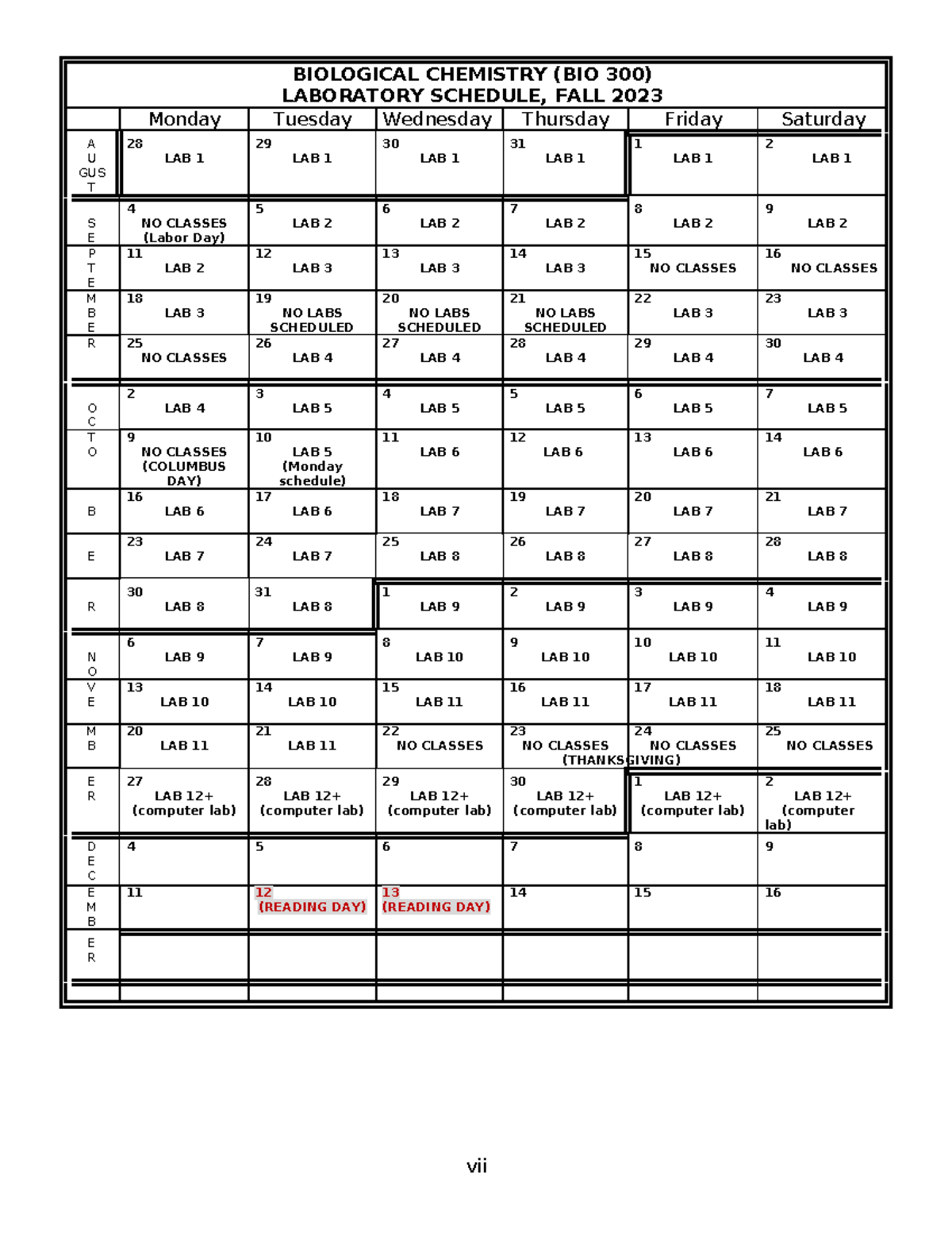 Lab Schedules FALL 2023v2 Tagged BIOLOGICAL CHEMISTRY (BIO 300