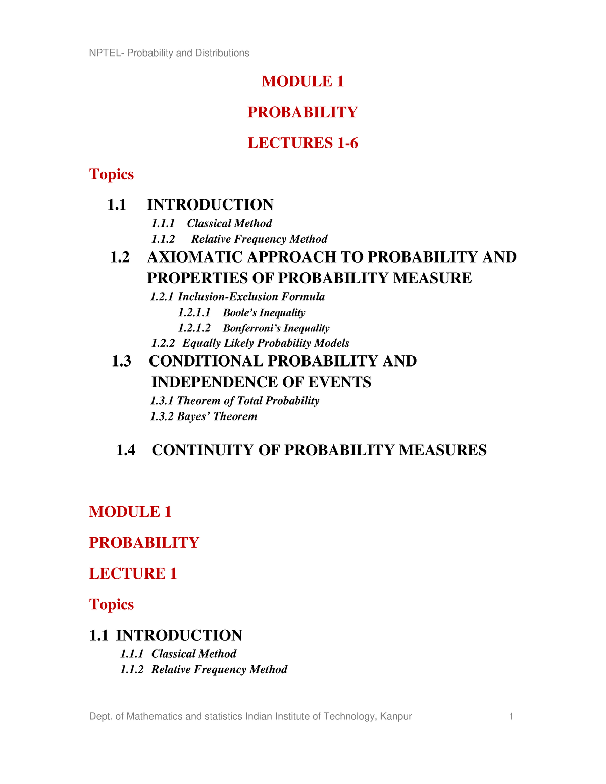 Lecture 1 - MODULE 1 PROBABILITY LECTURES 1- Topics 1 INTRODUCTION 1.1 ...