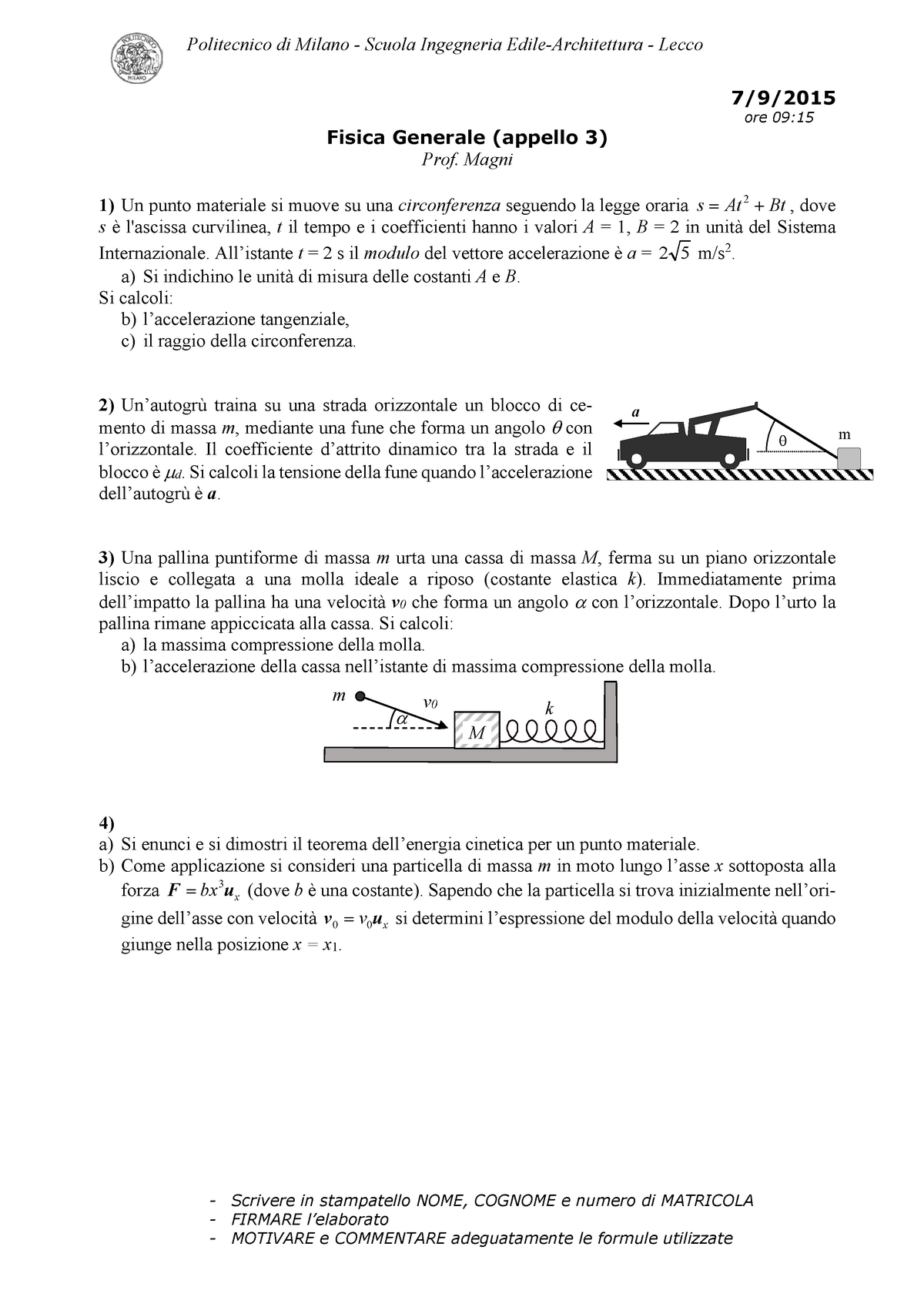 Prova Esame - Fisica Generale - Domande E Soluzioni - Prof. Magni - A.a ...