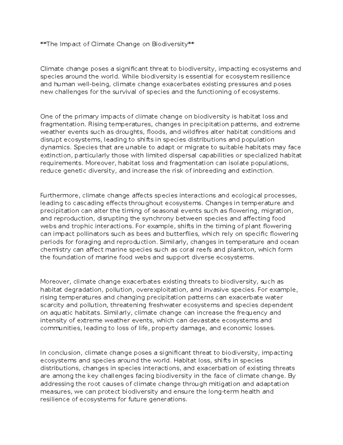 The Impact of Climate Change on Biodiversity - While biodiversity is ...