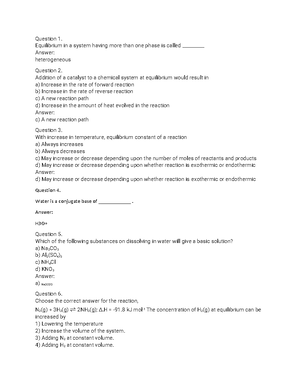 Chemical equilibrium part 3 - Question 1. When equilibrium is reached ...