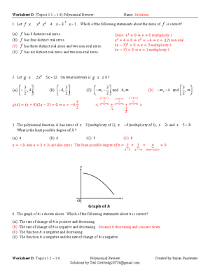 PC Worksheet #20 Unit #1B Review (with Answers) - Precalculus Worksheet ...