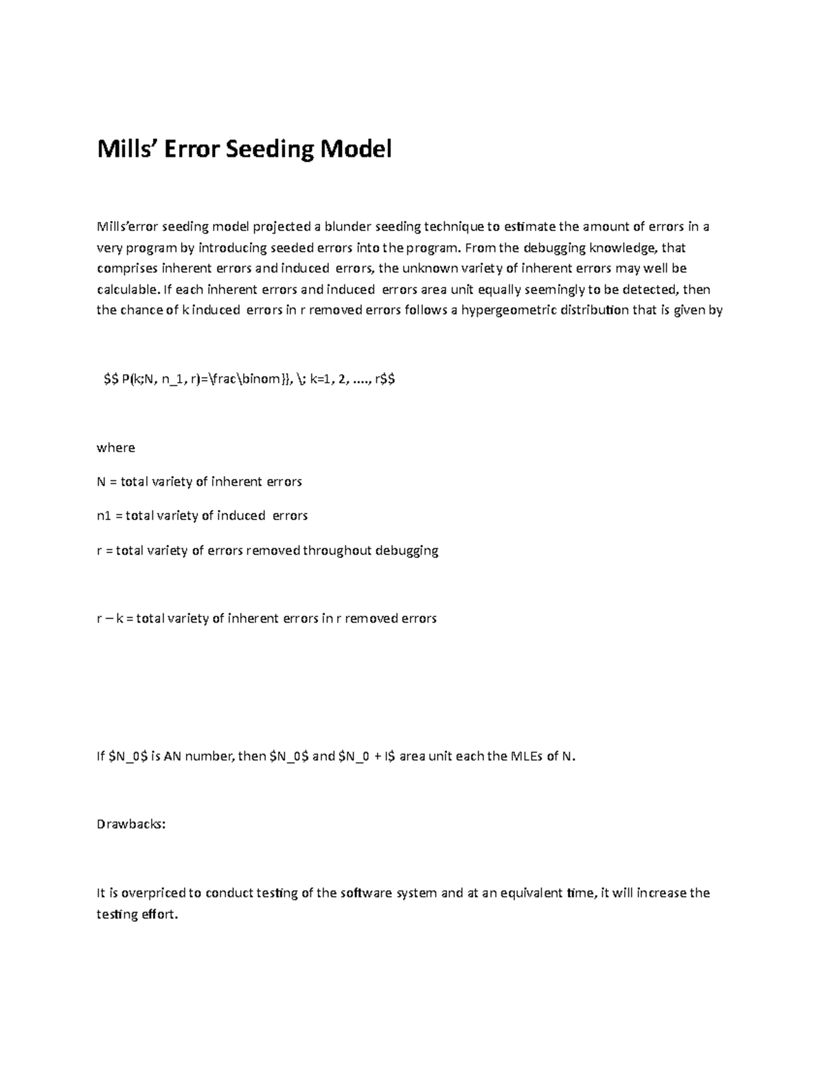 Mills Error Seeding Model Software Engineering Studocu