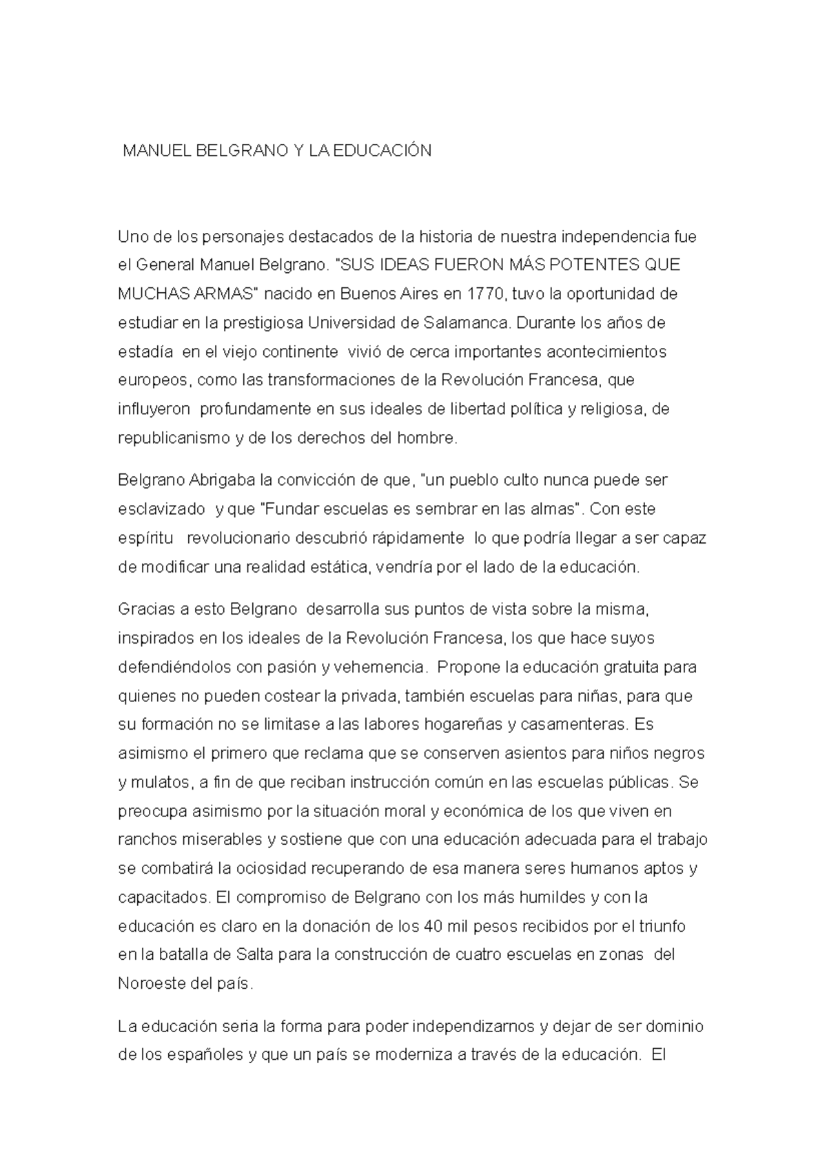 historia contemporanea - MANUEL BELGRANO Y LA EDUCACIÓN Uno de los ...