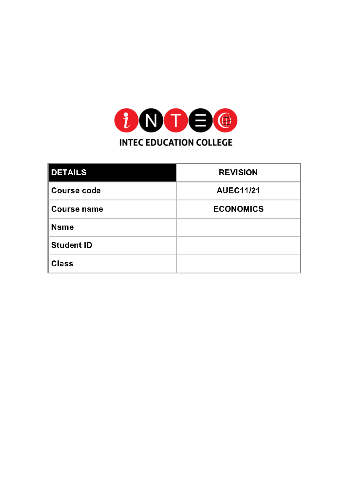 Revision 2 Q Practice DETAILS REVISION Course code AUEC11/ Course