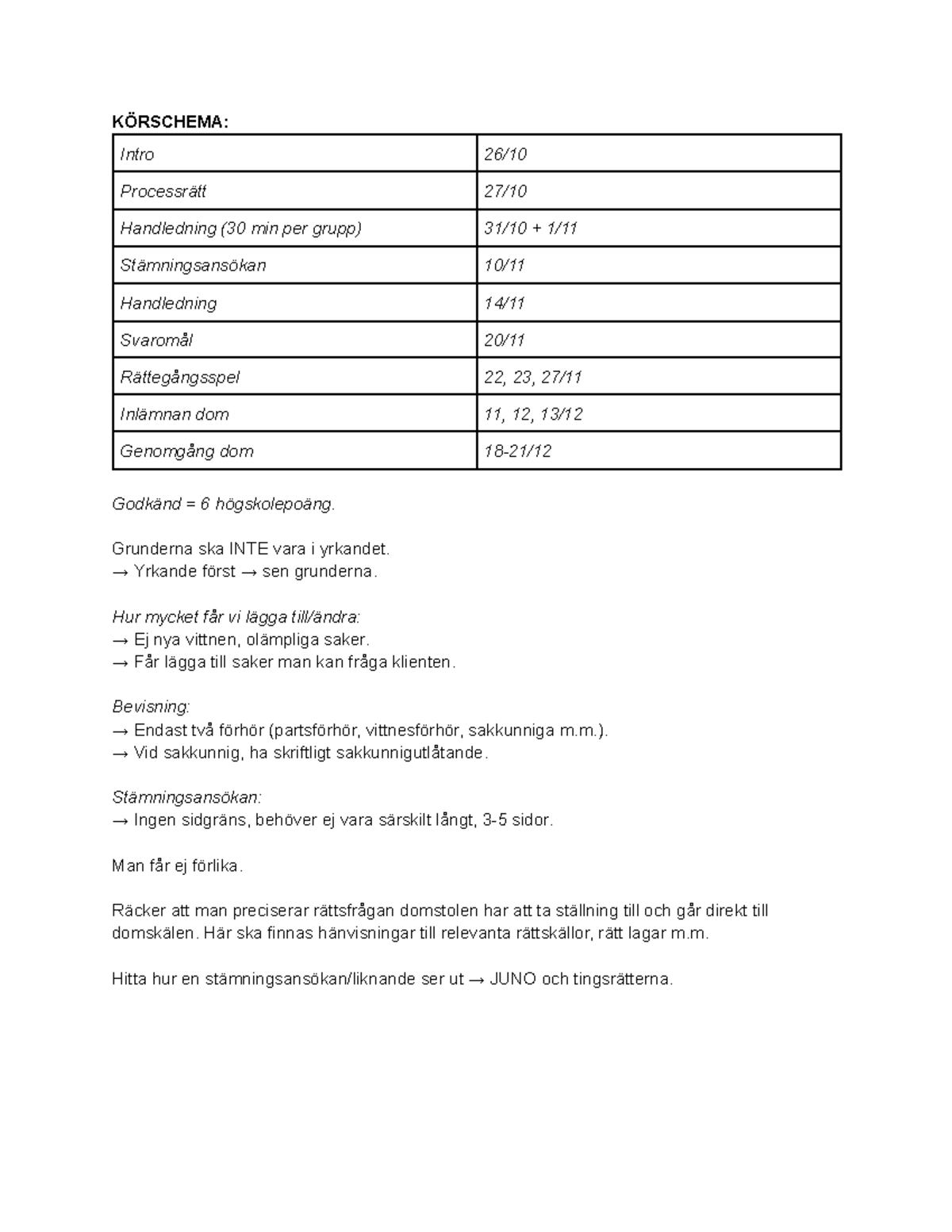 Introduktion Till Rättegångsspel - KÖRSCHEMA: Intro 26/ Processrätt 27 ...