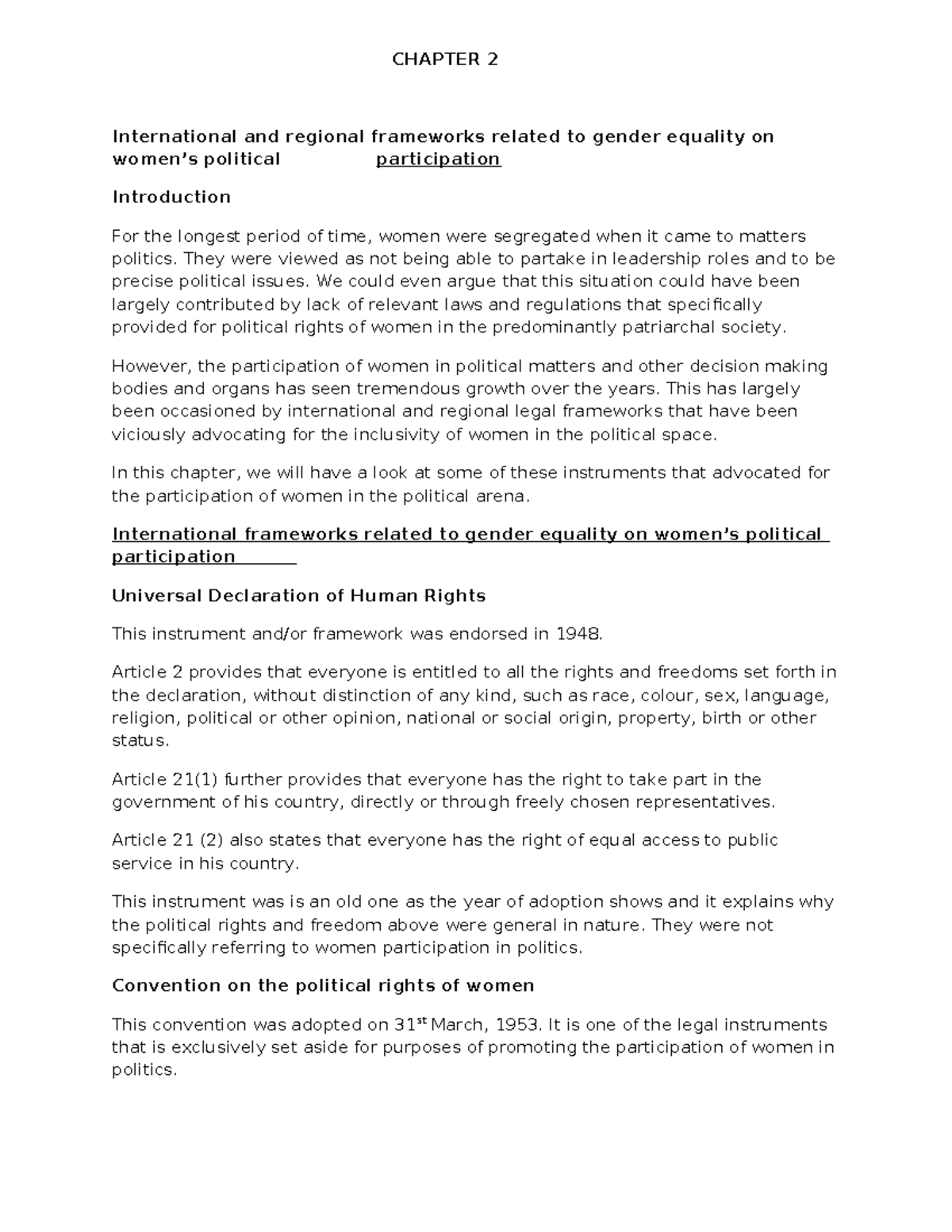 International and regional frameworks related to gender equality on ...