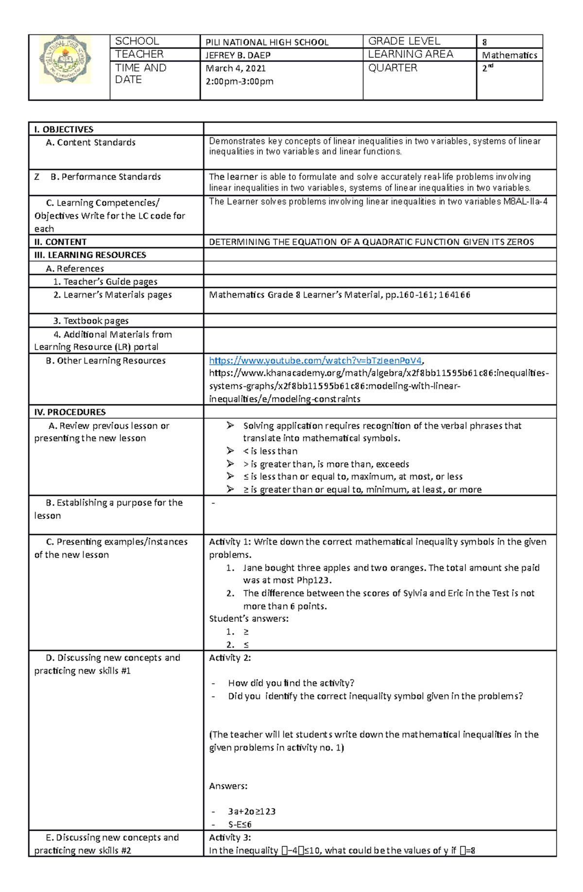 Solving-problems - Lecture notes 1 - SCHOOL PILI NATIONAL HIGH SCHOOL ...