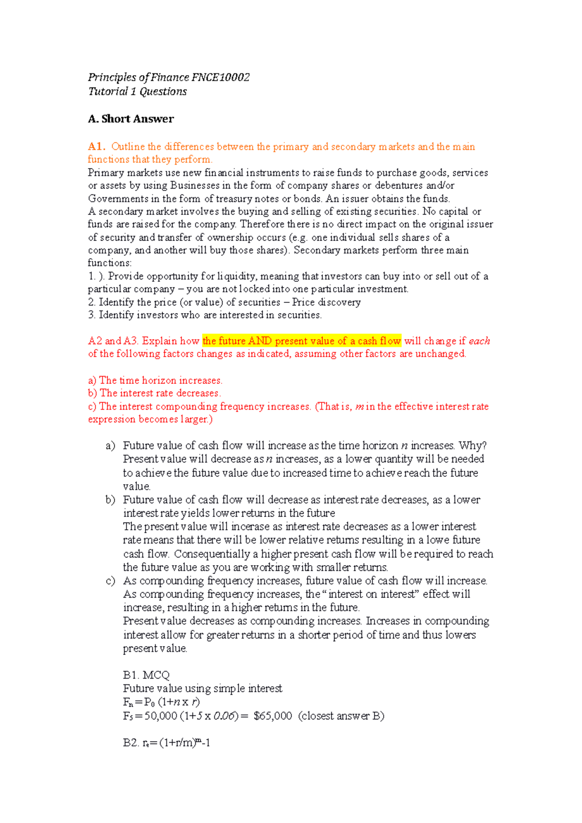 FNCE10002 Tute 1 Questions - Principles of Finance FNCE Tutorial 1 ...
