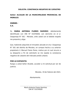 Constancia Negativo DE Catastro maria antonieta - SOLICITA: CONSTANCIA  NEGATIVO DE CATASTRO Señor: - Studocu