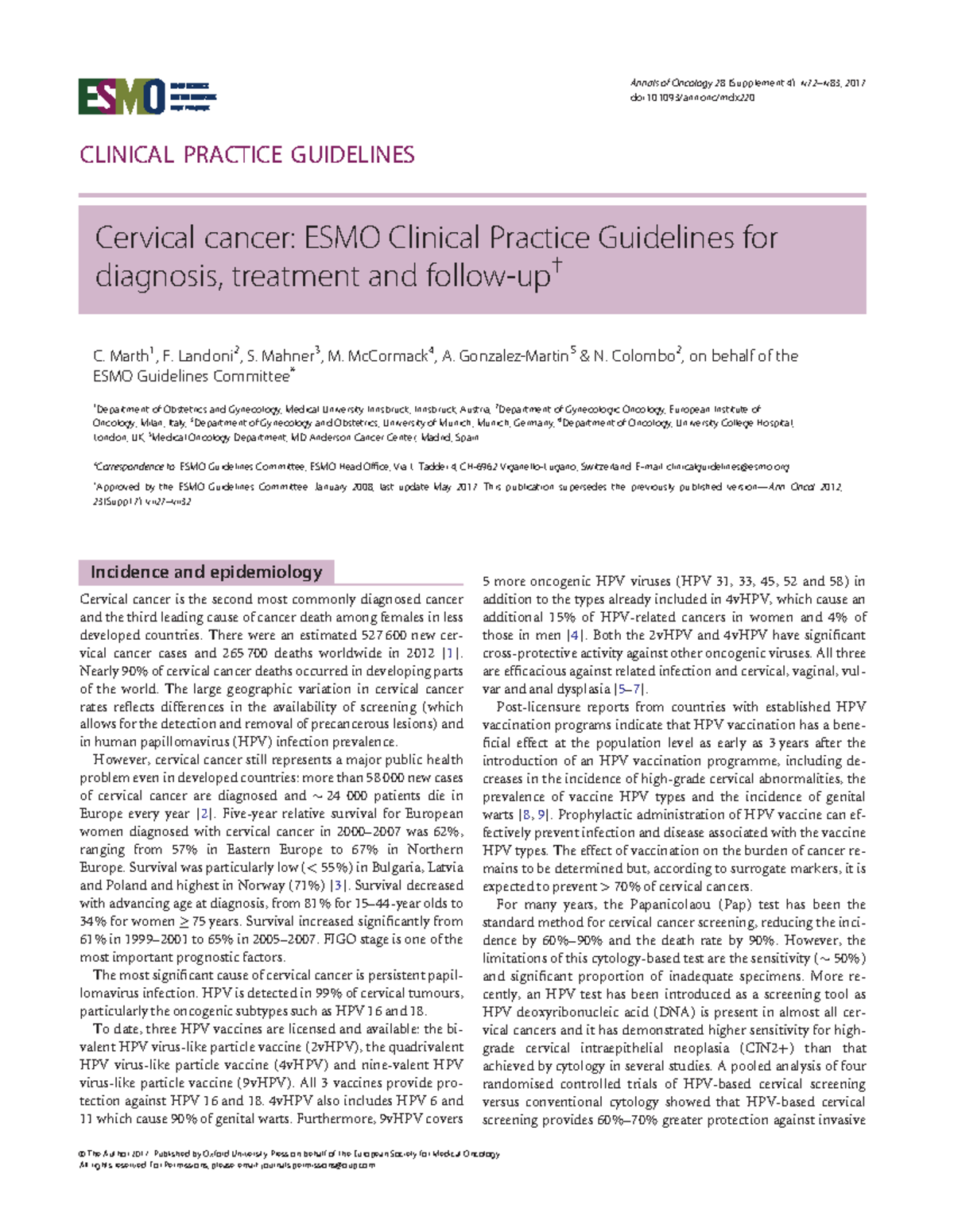 Cervical Cancer Esmo - Medicine - CLINICAL PRACTICE GUIDELINES Cervical ...