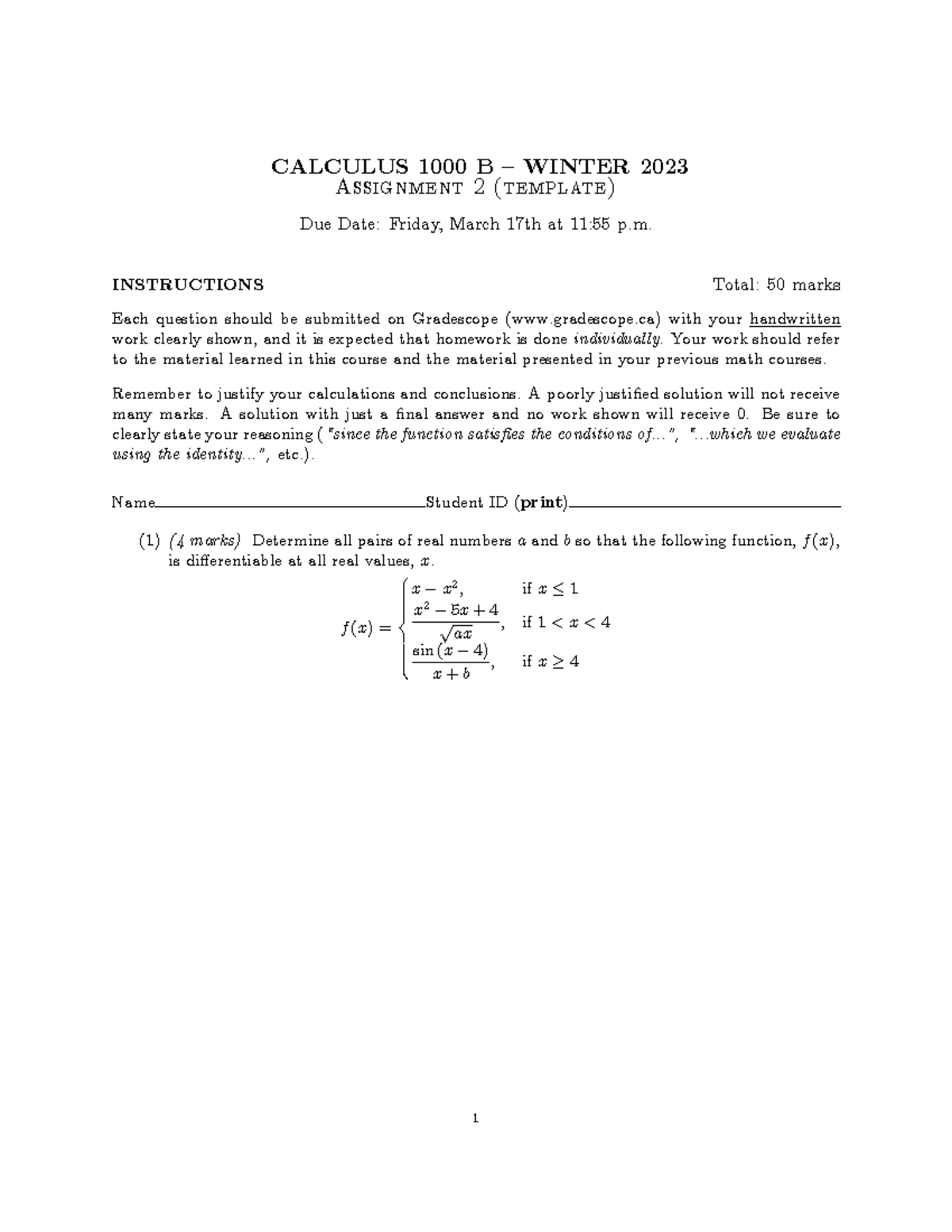 Assignment+2++template-2 - CALCULUS 1000 B ñWINTER 2023 Assignment 2 ...