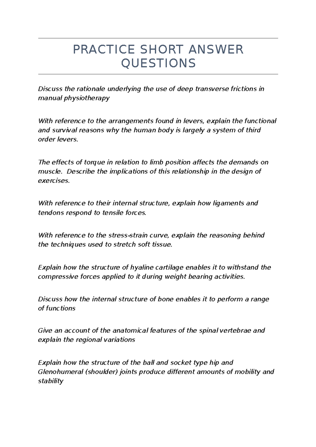 Practice Questions - PRACTICE SHORT ANSWER QUESTIONS Discuss the ...