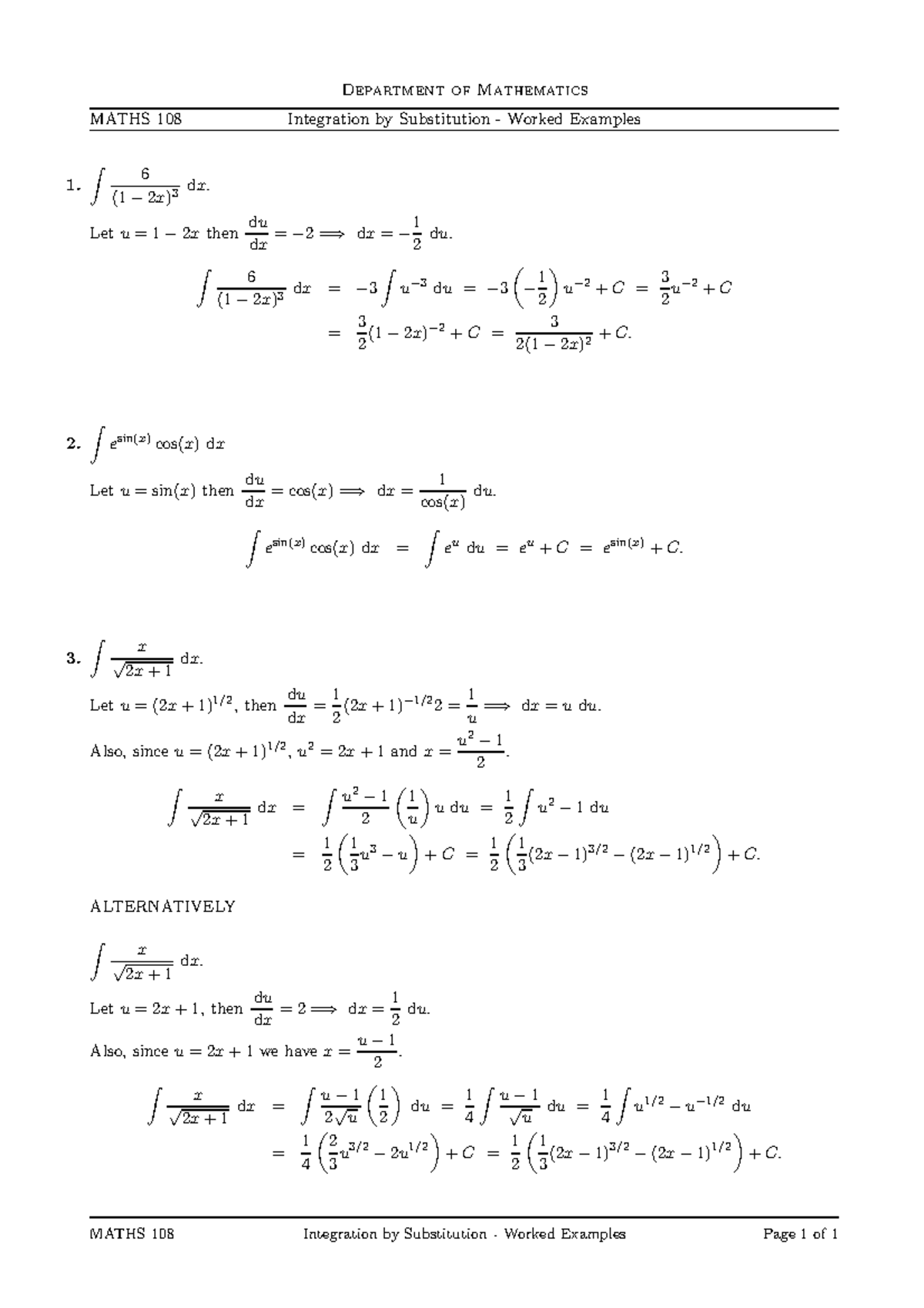 Integration By Substitution - ∫ 6 (1− 2 x) 3 dx. Letu= 1− 2 xthen du dx ...