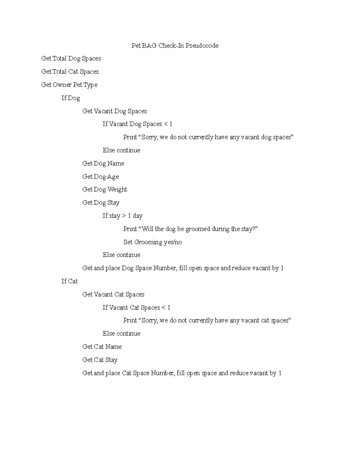 Pet BAG Pseudocode Notes Pet BAG CheckIn Pseudocode Get Total Dog
