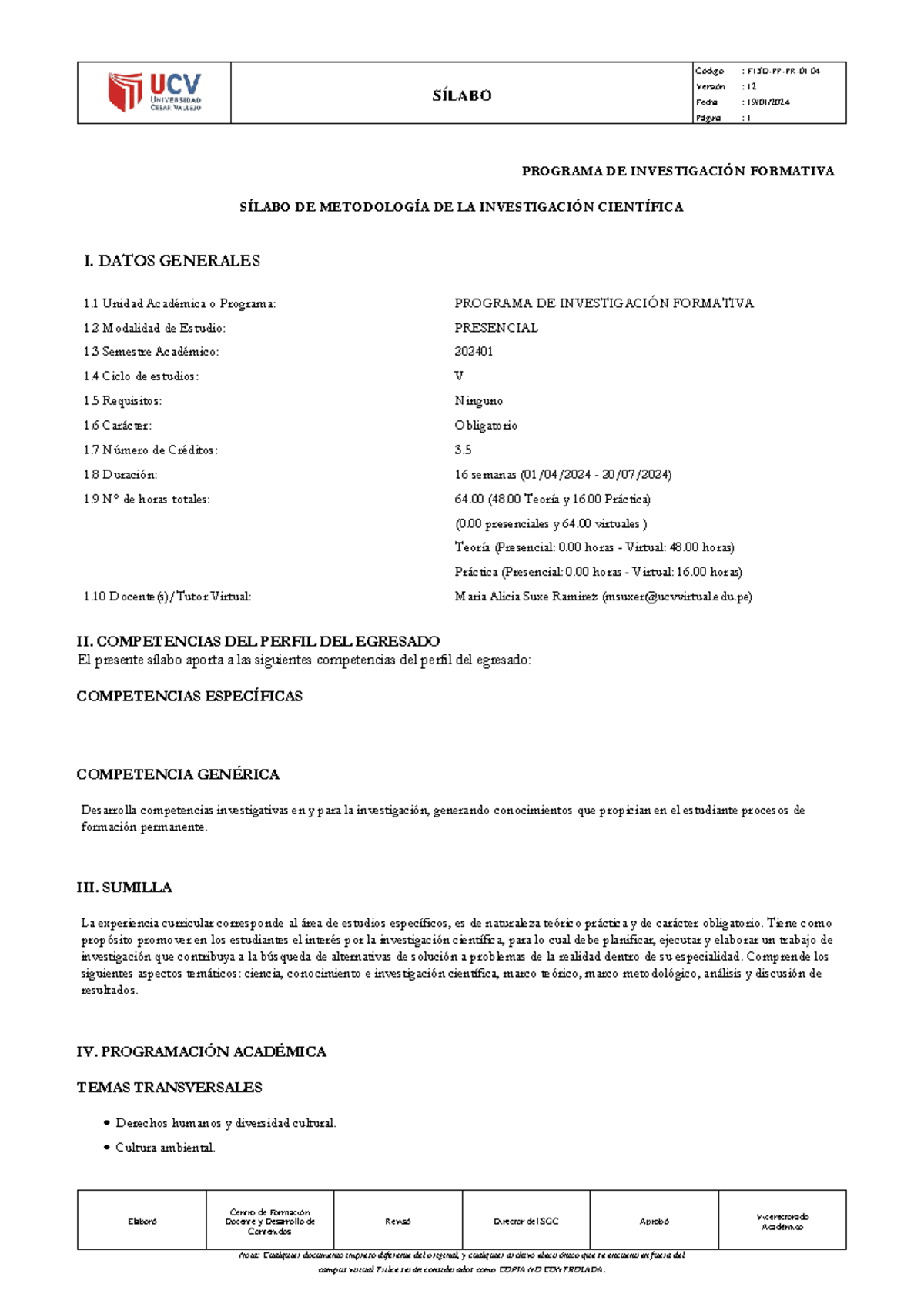 Silabo MIC 2024 PROGRAMA DE INVESTIGACIÓN FORMATIVA SÍLABO DE