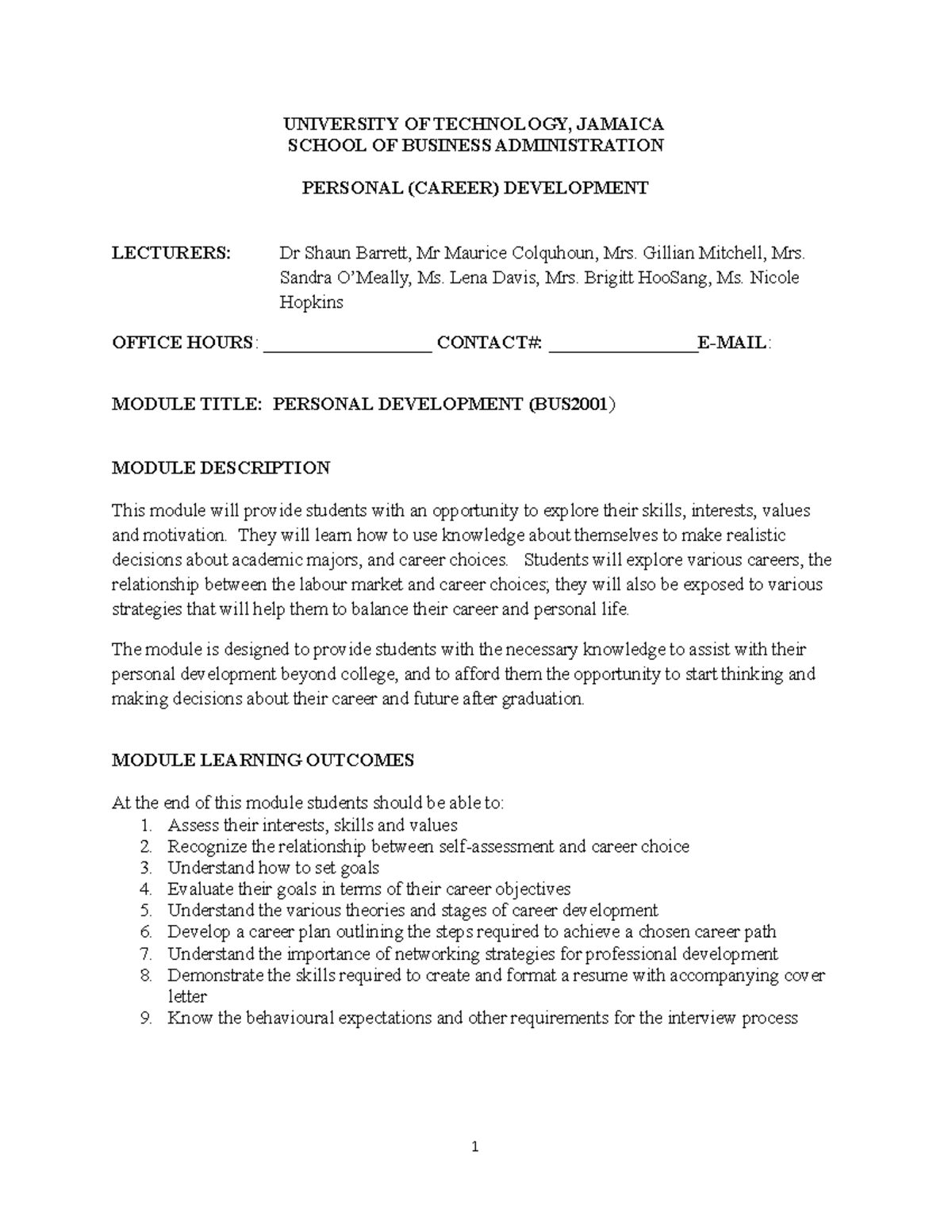 BBA 2 - Personal Development Course Outline - Jan 2020 - UNIVERSITY OF ...
