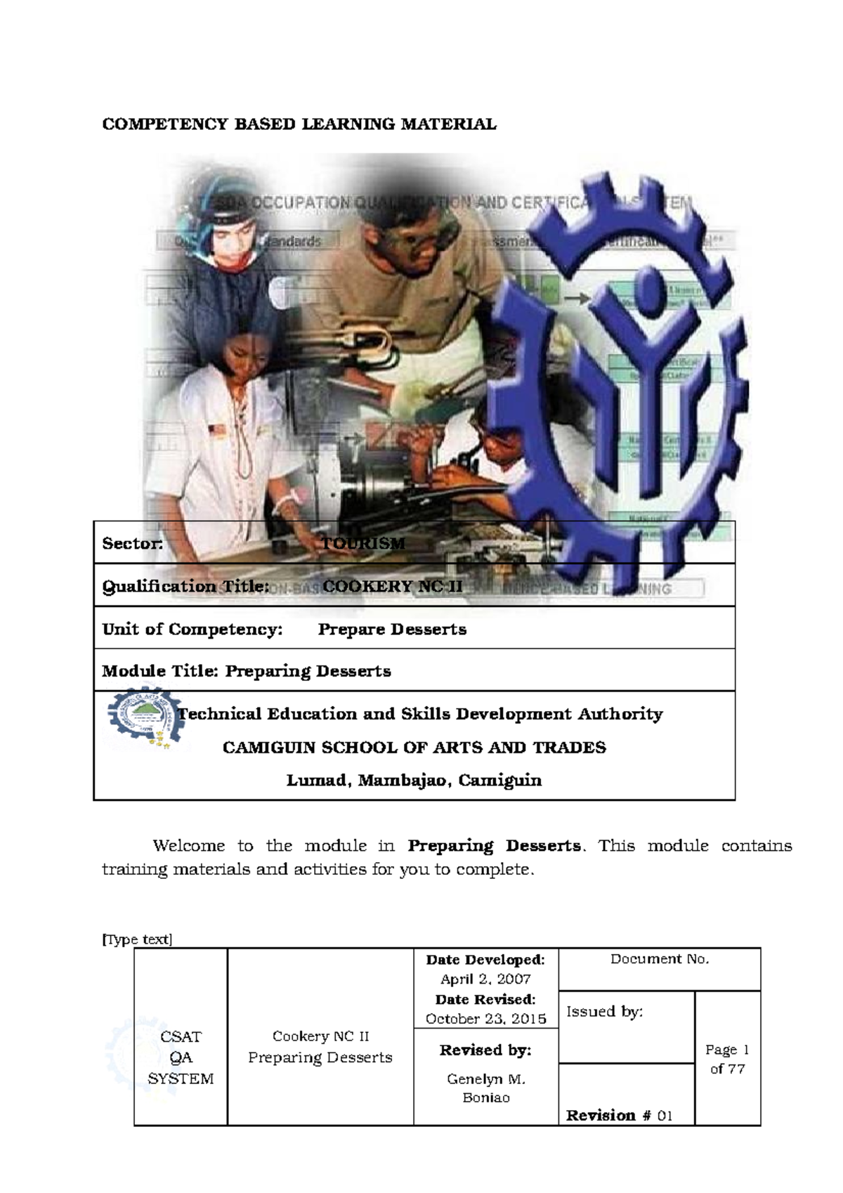 Competency base learning materialon Prepare dessert - COMPETENCY BASED ...