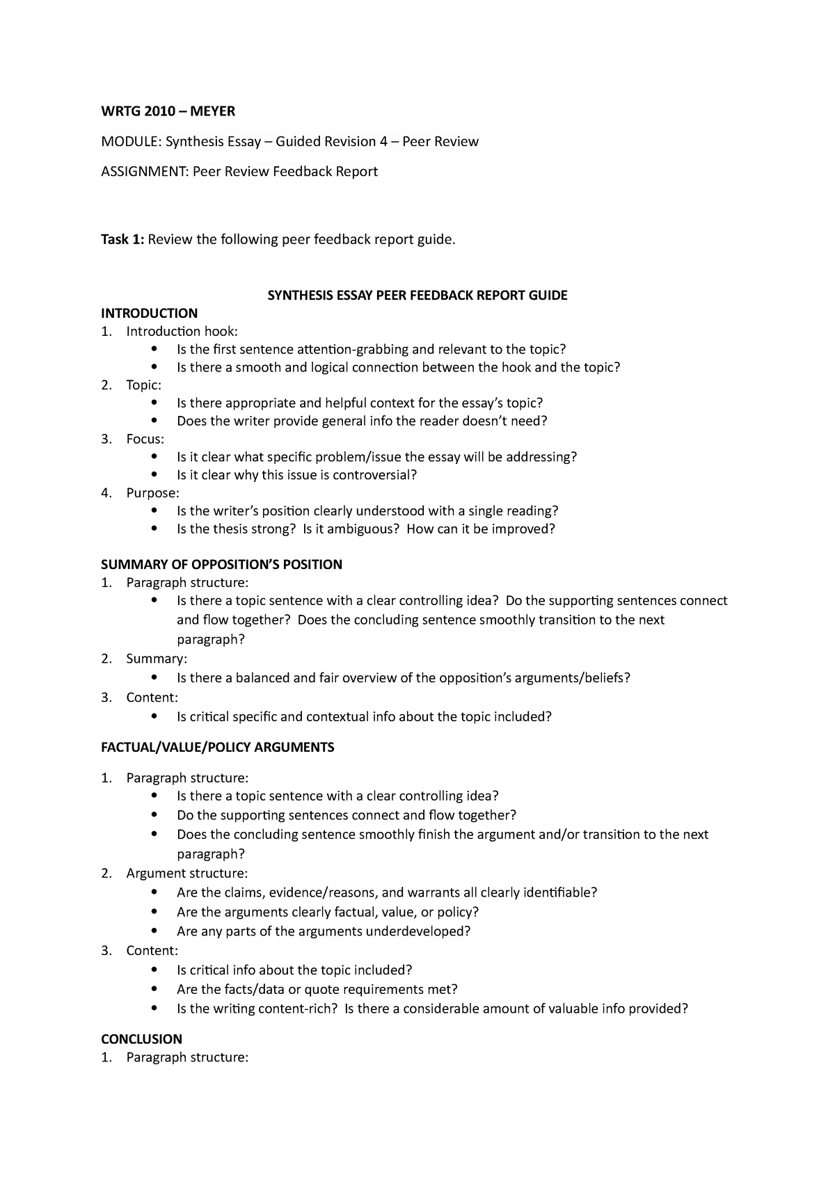 Synthesis Essay Peer Review - WRTG 2010 – MEYER MODULE: Synthesis Essay ...