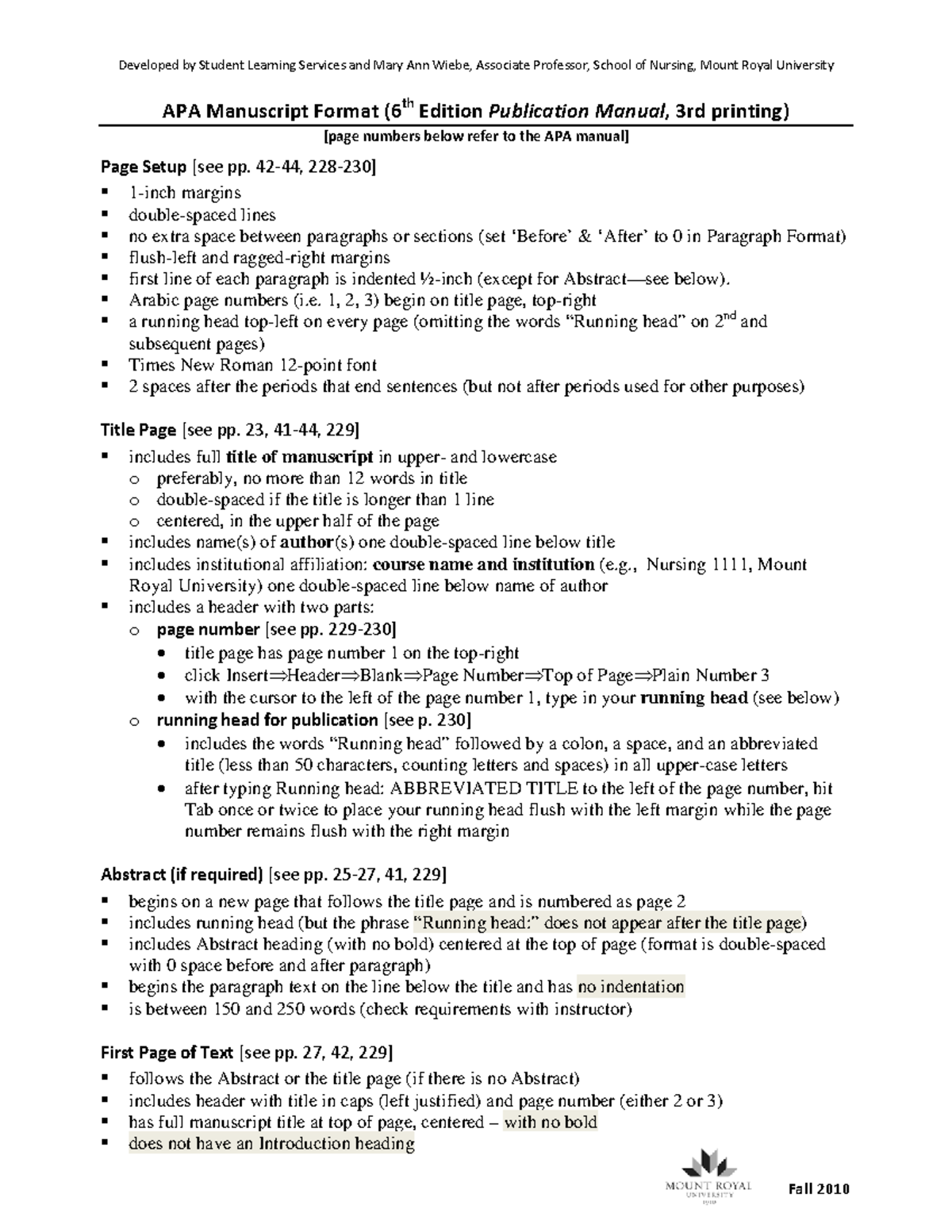 APAManuscript Format Mt Royal - Developed by Student Learning Services ...