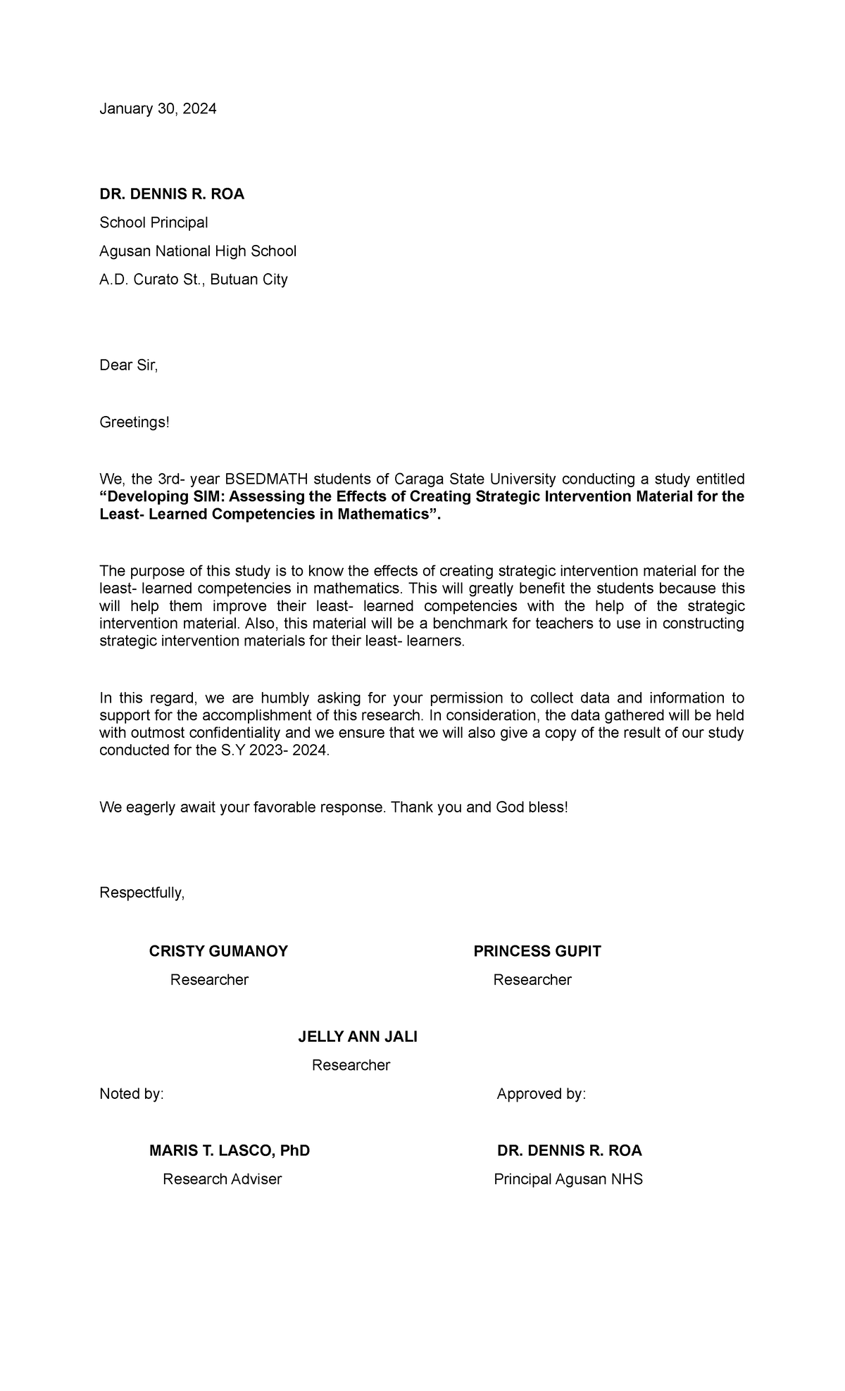 Letter for the Principal - January 30, 2024 DR. DENNIS R. ROA School ...