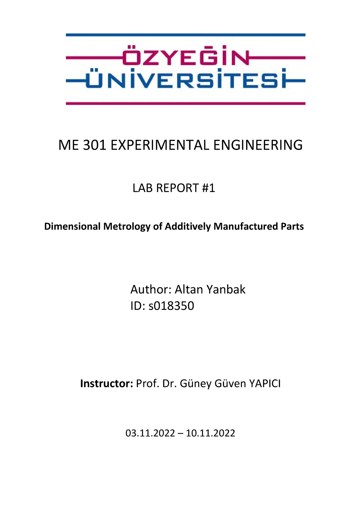 ME301 LAB1pdf - ME 301 EXPERIMENTAL ENGINEERING LAB REPORT Dimensional ...