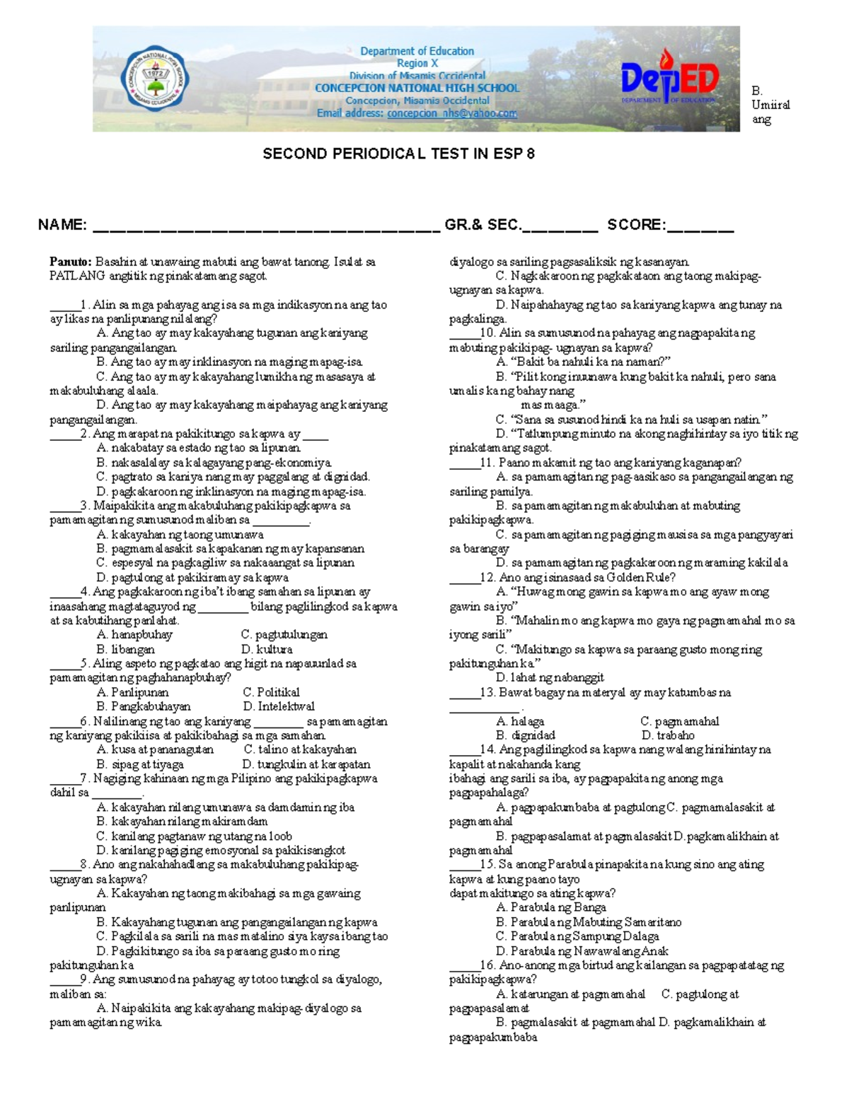 Second Periodical EXAM ESP 8 Questionnaire - Panuto: Basahin At ...